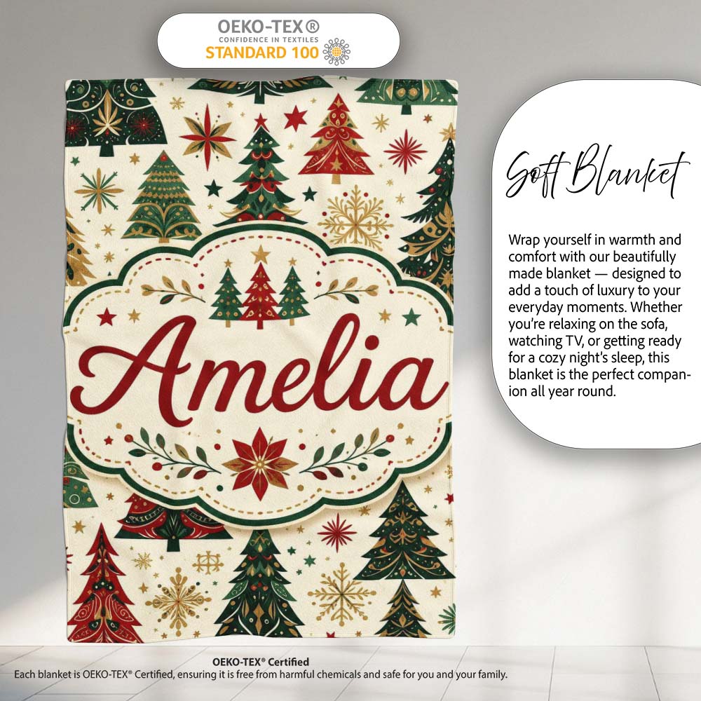 Ornate Christmas Trees Snowflakes Stars Vintage Holiday Seamless Personalised Custom Name Super Soft Fleece Blanket Bed Sofa Throw