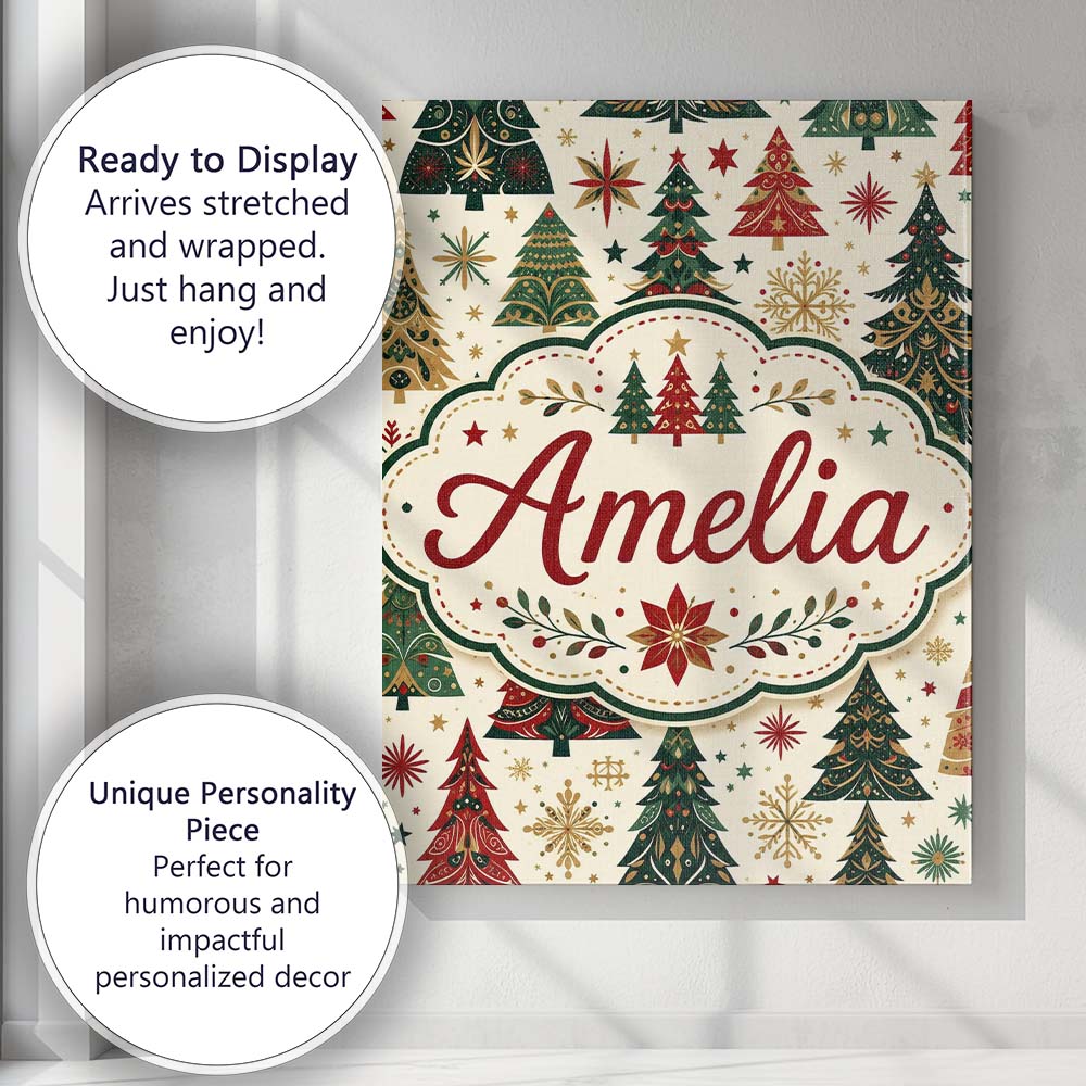 Personalised Name Ornate Christmas Trees Custom Unique Gift Idea Elegant Feature Canvas Wall Art Print Decor Picture Ready to Hang