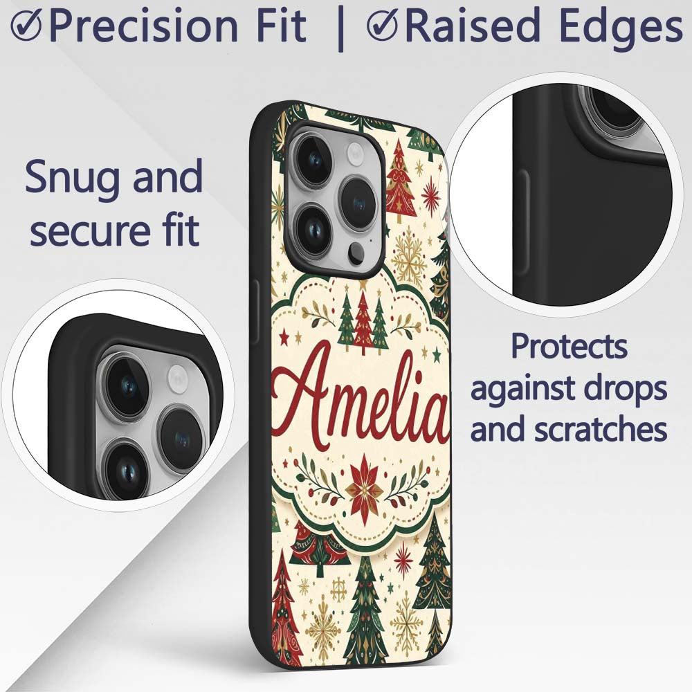 Ornate Christmas Trees Snowflakes Stars Vintage Custom Name Protective Phone Case Mobile Cover Durable Everyday Smartphone Shock Resistant