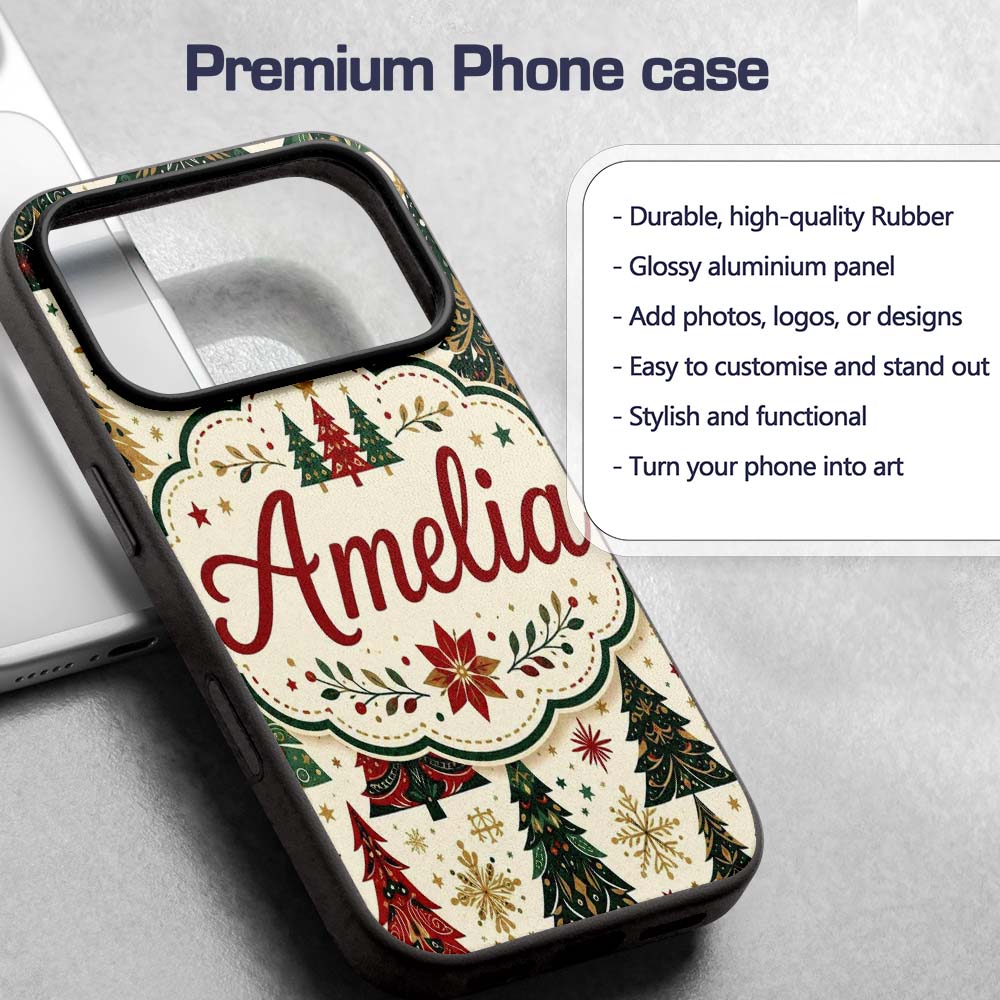 Ornate Christmas Trees Snowflakes Stars Vintage Custom Name Protective Phone Case Mobile Cover Durable Everyday Smartphone Shock Resistant