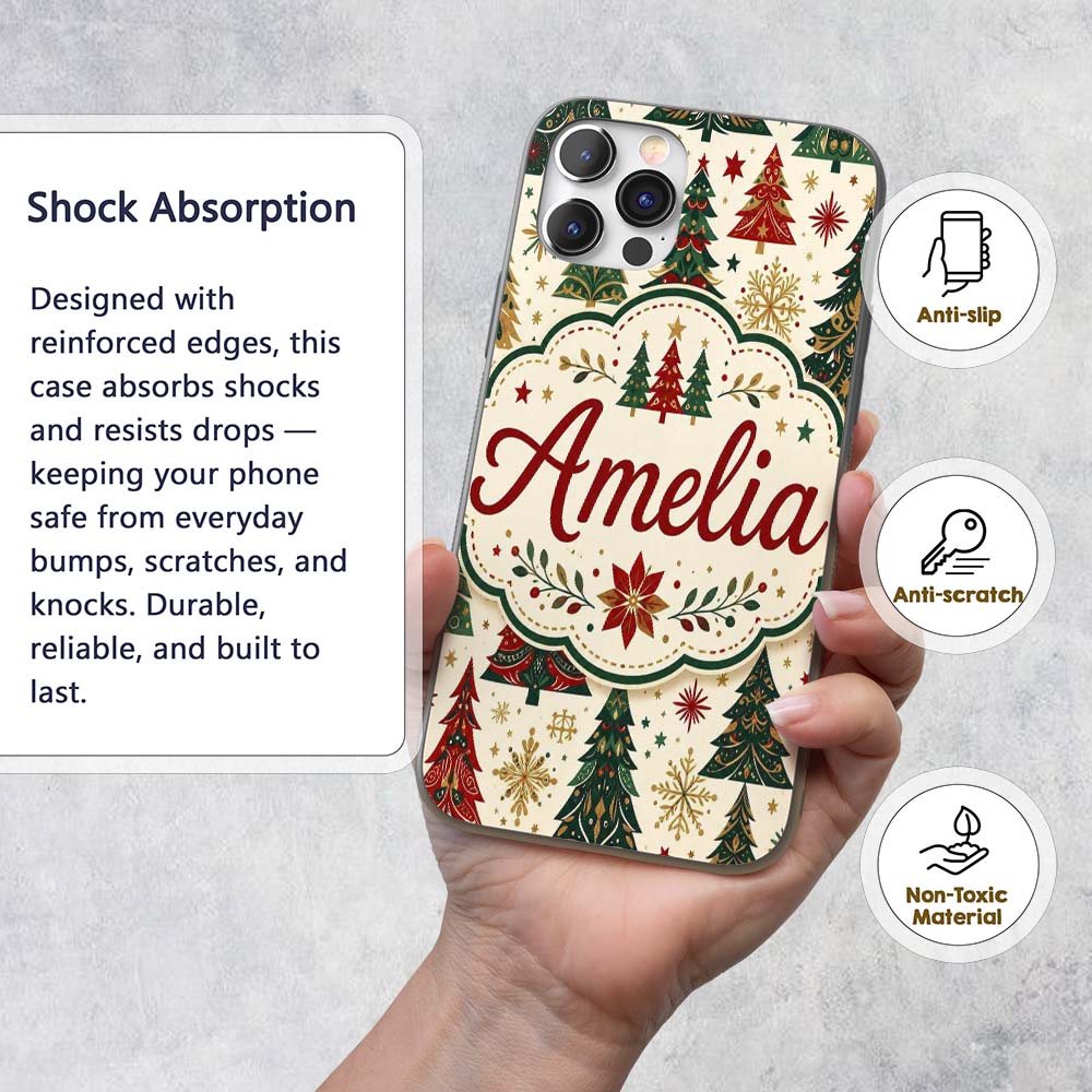 Ornate Christmas Trees Snowflakes Stars Vintage Custom Name Protective Phone Case Mobile Cover Durable Everyday Smartphone Shock Resistant