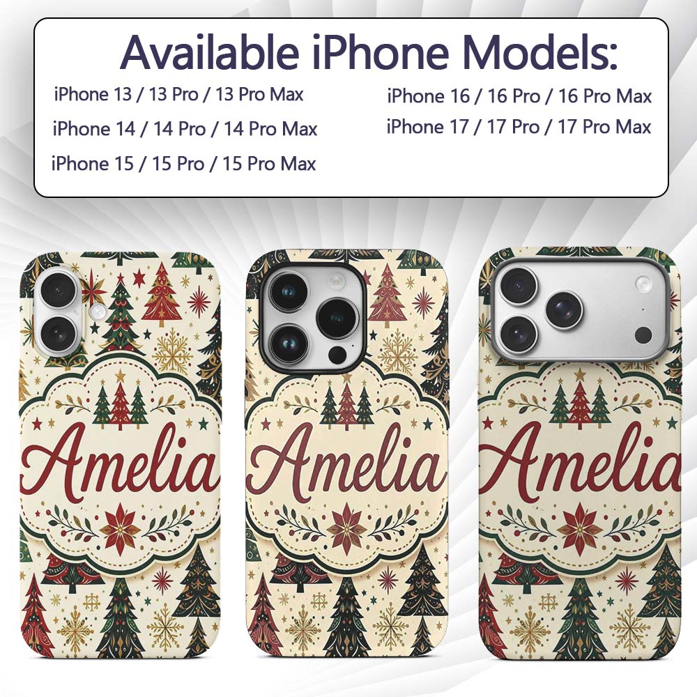 Ornate Christmas Trees Snowflakes Stars Vintage Custom Name Protective Phone Case Mobile Cover Durable Everyday Smartphone Shock Resistant
