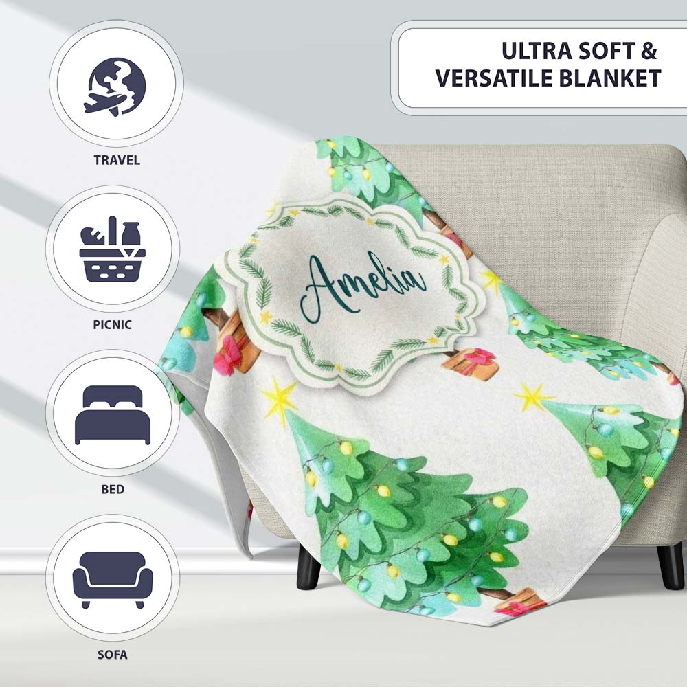 Watercolor Christmas Trees with Lights in Pots Cute Holiday Seamless Personalised Custom Name Super Soft Fleece Blanket Bed Sofa Throw