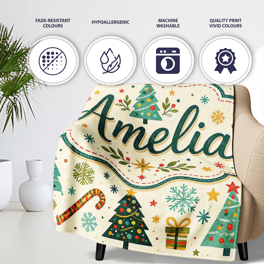Playful Christmas Trees Candy Canes Snowflakes Festive Seamless Personalised Custom Name Super Soft Fleece Blanket Bed Sofa Throw