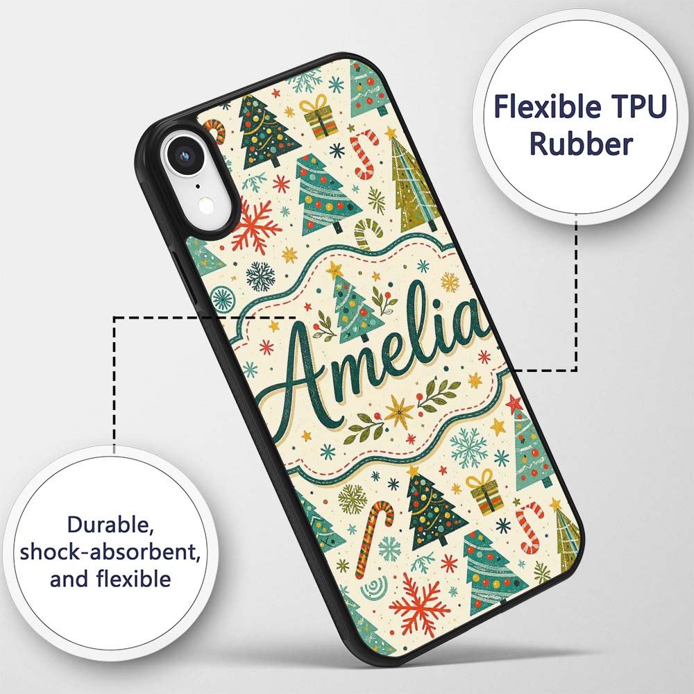 Playful Christmas Trees Candy Canes Snowflakes Custom Name Protective Phone Case Mobile Cover Durable Everyday Smartphone Shock Resistant
