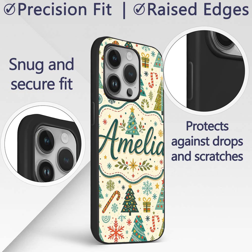 Playful Christmas Trees Candy Canes Snowflakes Custom Name Protective Phone Case Mobile Cover Durable Everyday Smartphone Shock Resistant