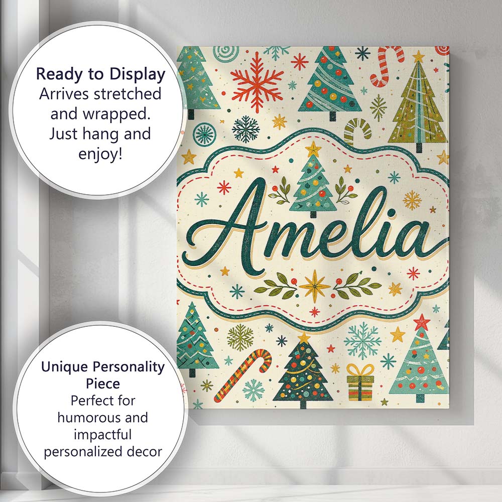 Personalised Name Playful Christmas Trees Custom Unique Gift Idea Elegant Feature Canvas Wall Art Print Decor Picture Ready to Hang
