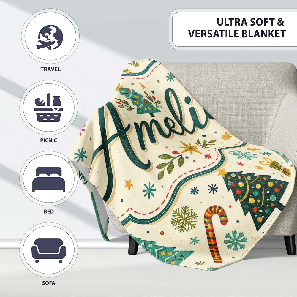 Playful Christmas Trees Candy Canes Snowflakes Festive Seamless Personalised Custom Name Super Soft Fleece Blanket Bed Sofa Throw