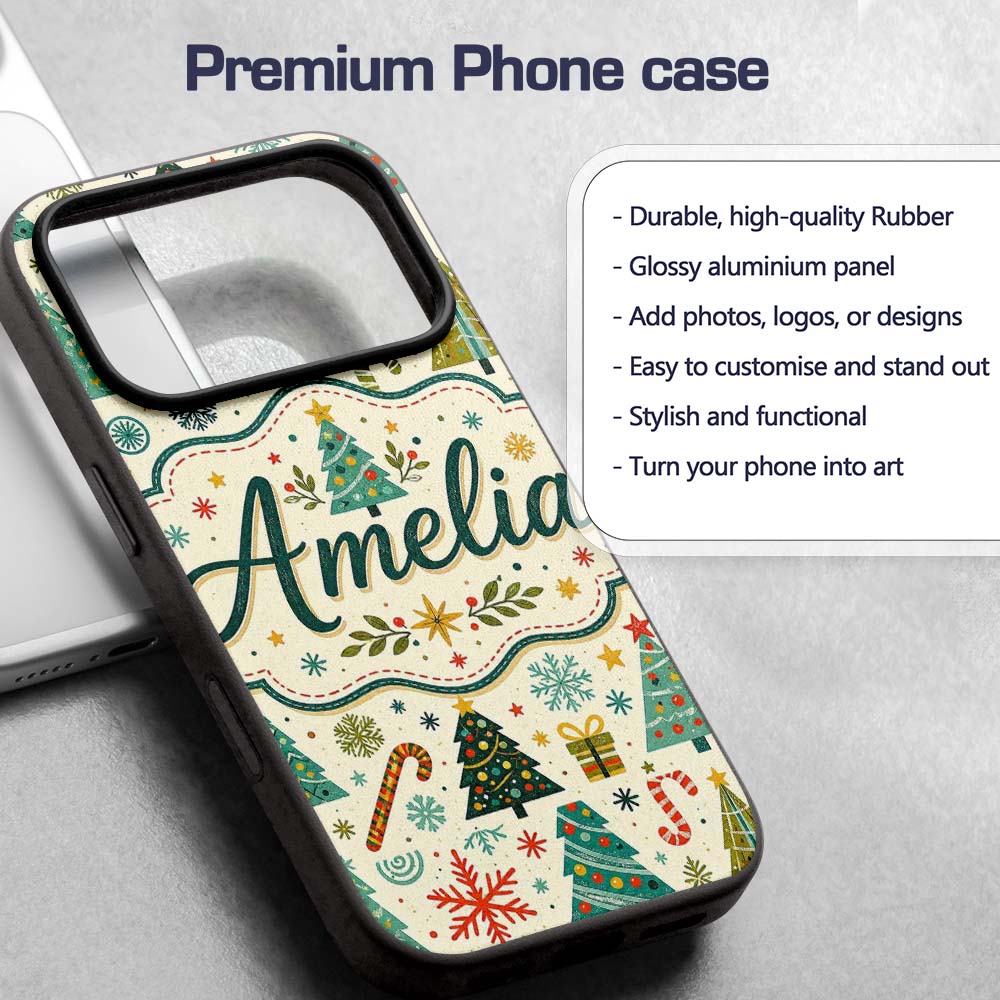 Playful Christmas Trees Candy Canes Snowflakes Custom Name Protective Phone Case Mobile Cover Durable Everyday Smartphone Shock Resistant