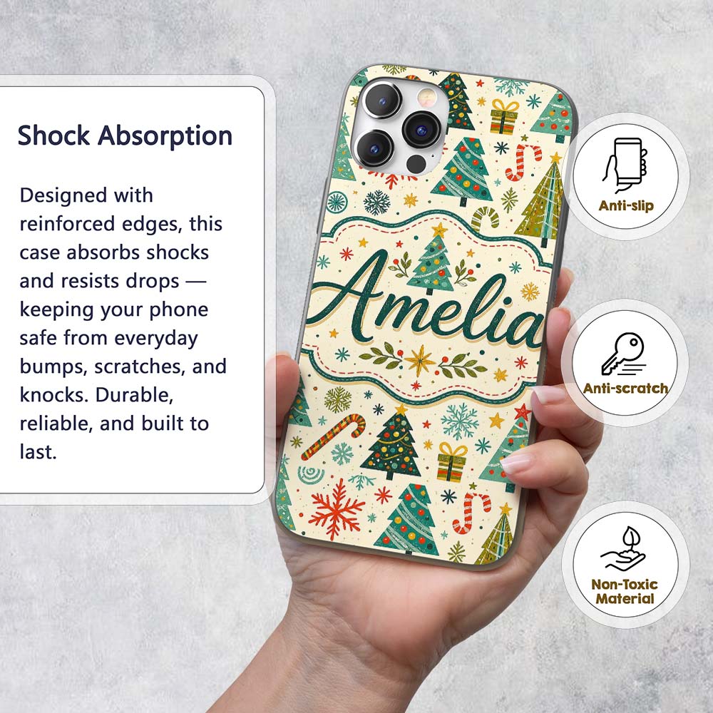 Playful Christmas Trees Candy Canes Snowflakes Custom Name Protective Phone Case Mobile Cover Durable Everyday Smartphone Shock Resistant