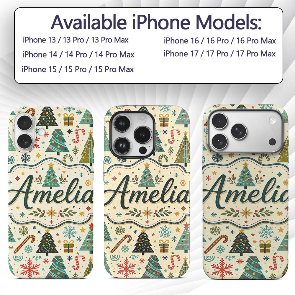 Playful Christmas Trees Candy Canes Snowflakes Custom Name Protective Phone Case Mobile Cover Durable Everyday Smartphone Shock Resistant
