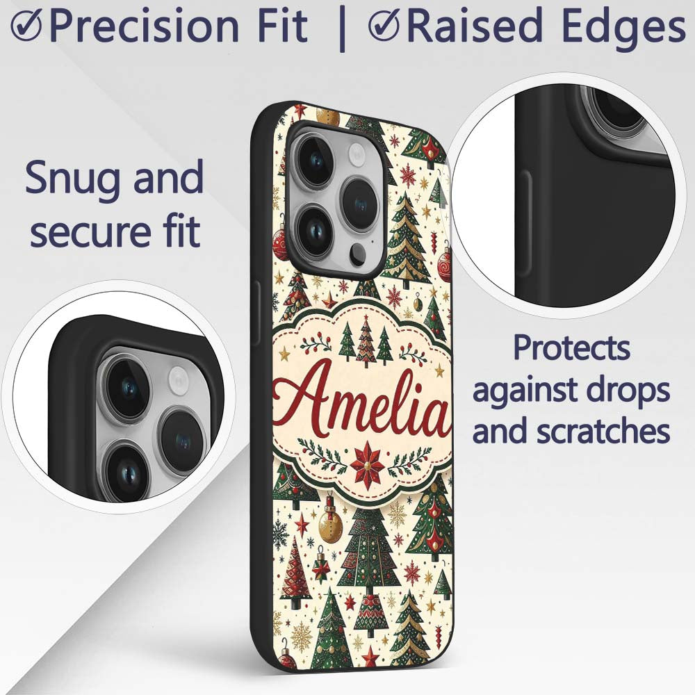 Classic Christmas Trees Ornaments Snowflakes Custom Name Protective Phone Case Mobile Cover Durable Everyday Smartphone Shock Resistant
