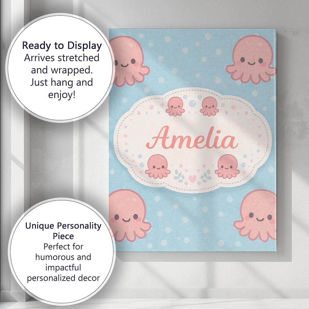 Personalised Name Cute Pink Octopus Cartoon Sea Animal Pattern Custom Modern Room Accent Canvas Wall Art Print Decor Picture Ready to Hang