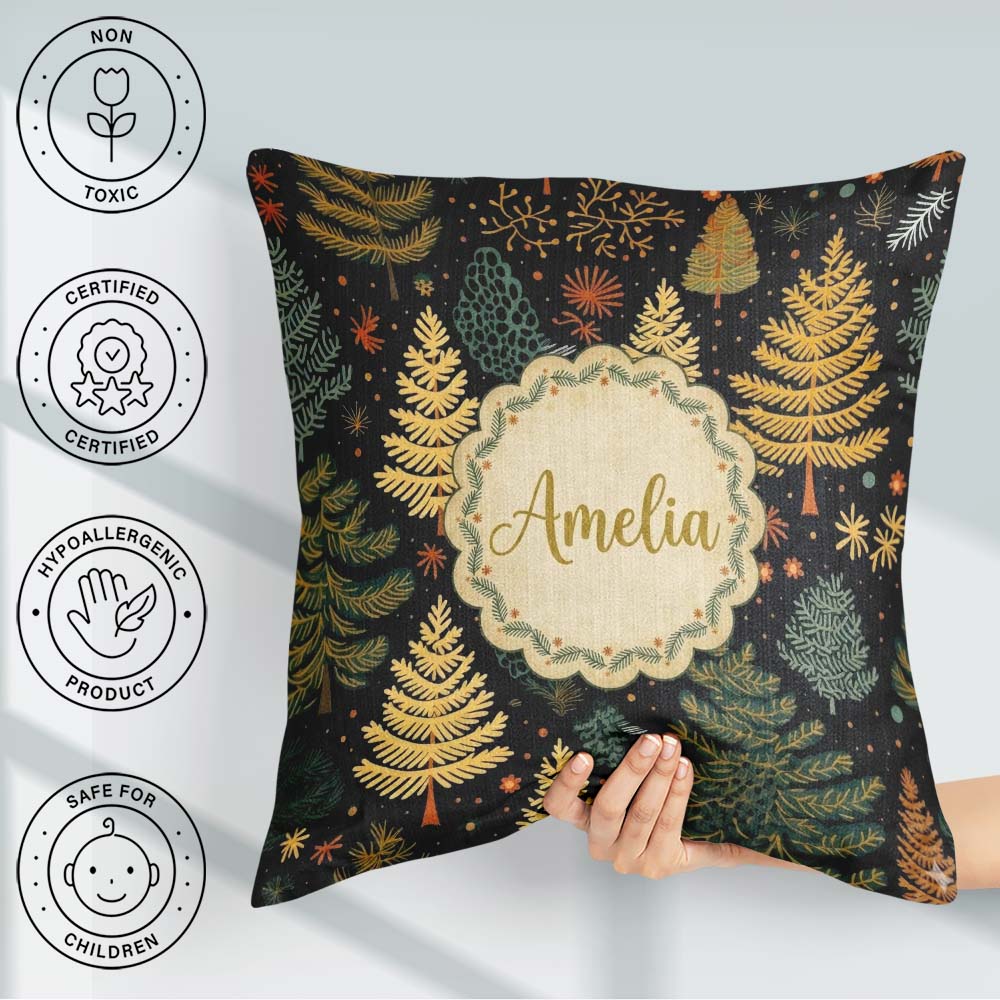 Custom Name Modern Christmas Trees Golden Leaves Dark Background Square Filled Cushion Throw Pillow Sofa Bed Home Decor Zip Washable UK Made