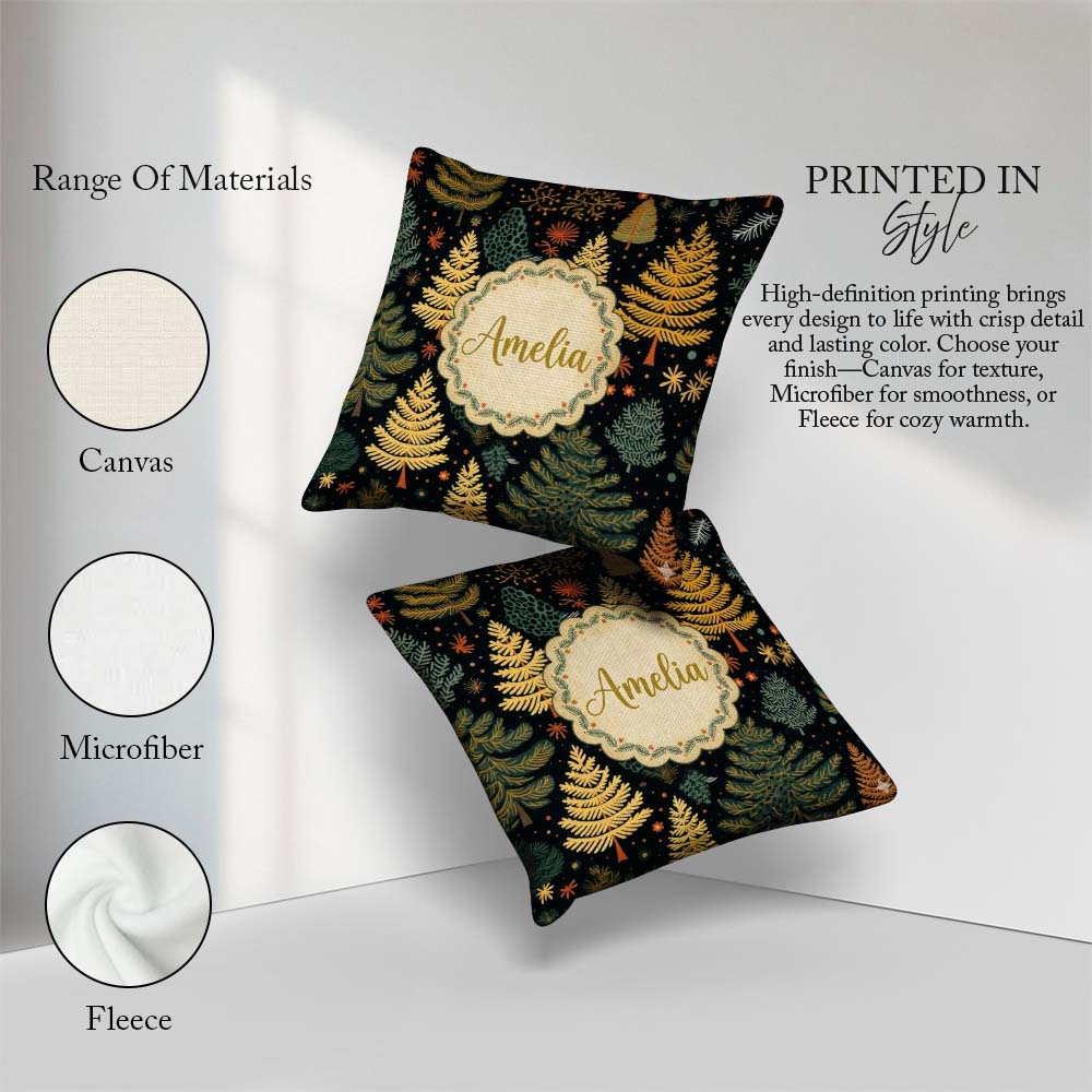 Custom Name Modern Christmas Trees Golden Leaves Dark Background Square Filled Cushion Throw Pillow Sofa Bed Home Decor Zip Washable UK Made