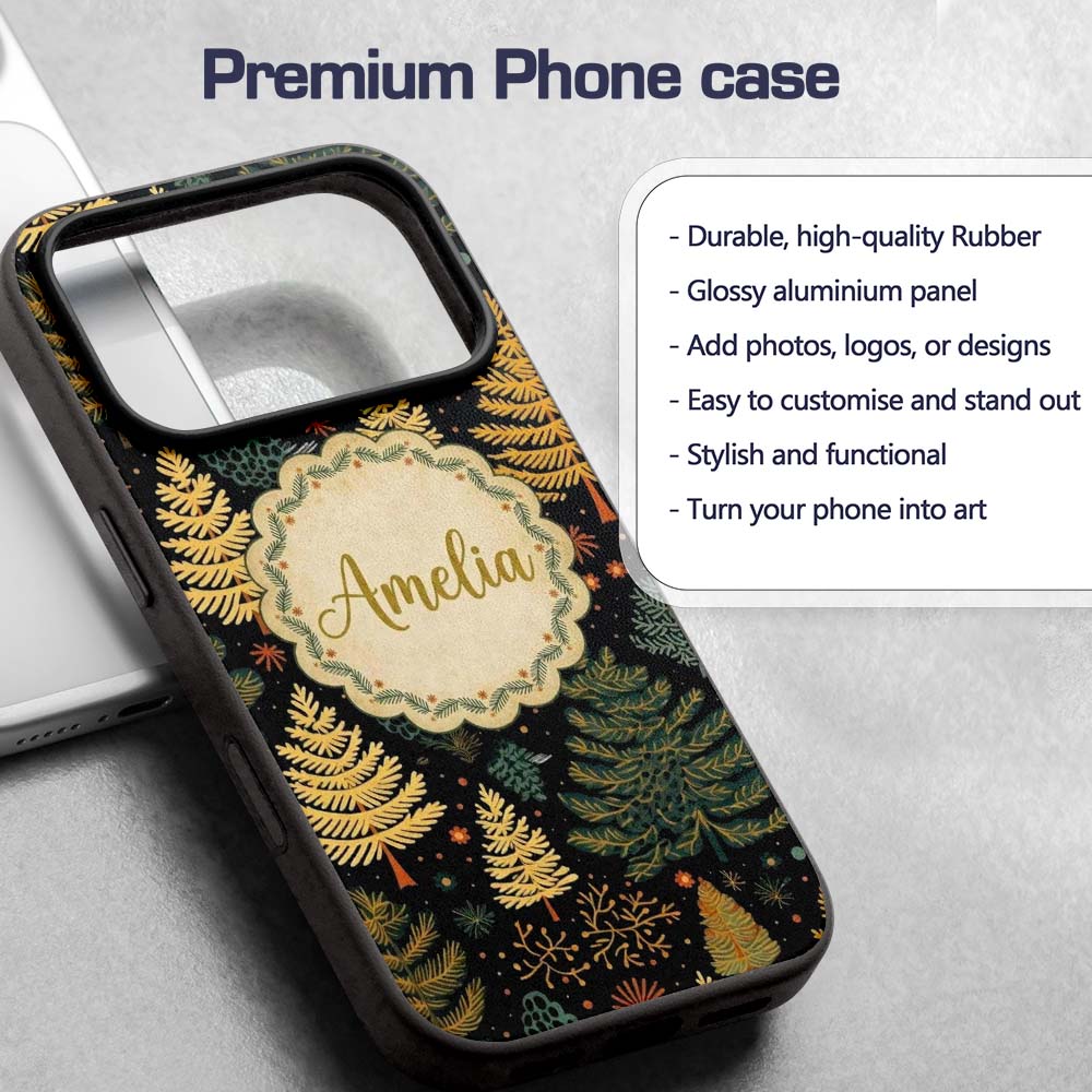 Modern Christmas Trees Golden Printed Design Custom Name Protective Phone Case Mobile Cover Durable Everyday Smartphone Shock Resistant
