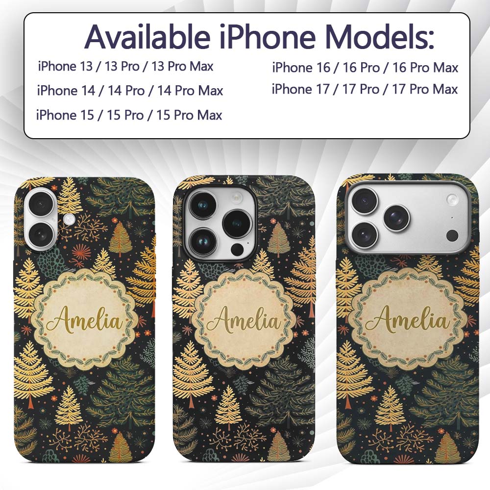 Modern Christmas Trees Golden Printed Design Custom Name Protective Phone Case Mobile Cover Durable Everyday Smartphone Shock Resistant