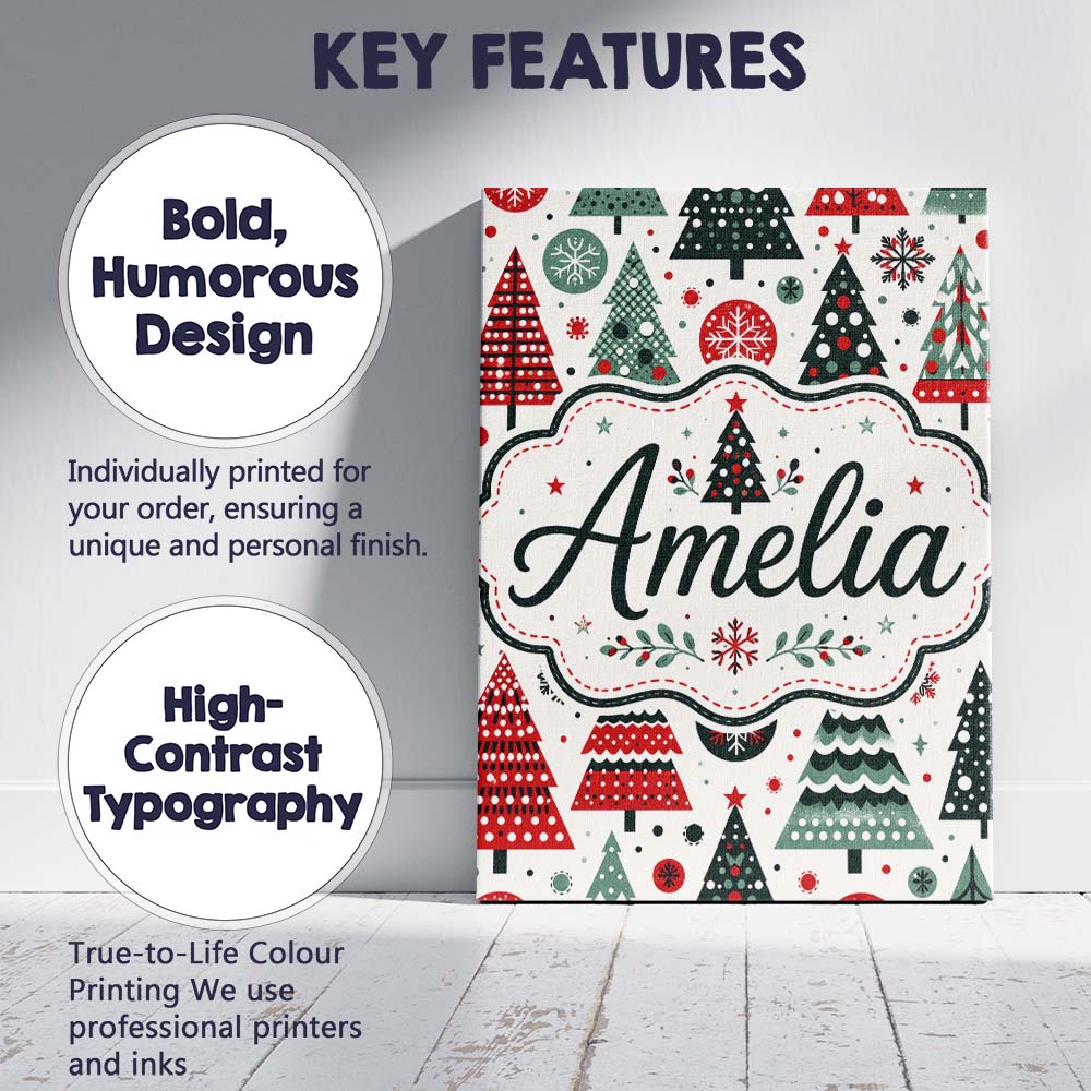 Personalised Name Scandi Christmas Trees Custom Unique Gift Idea Elegant Feature Canvas Wall Art Print Decor Picture Ready to Hang