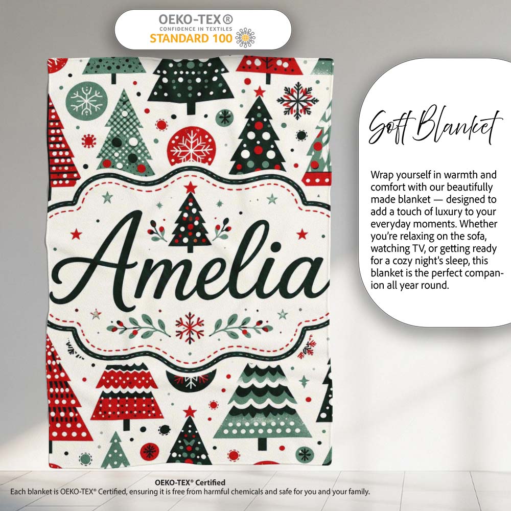 Scandi Christmas Trees Polka Dots Snowflakes Cute Holiday Seamless Personalised Custom Name Super Soft Fleece Blanket Bed Sofa Throw
