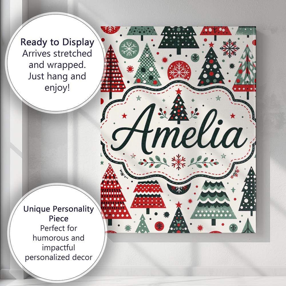 Personalised Name Scandi Christmas Trees Custom Unique Gift Idea Elegant Feature Canvas Wall Art Print Decor Picture Ready to Hang