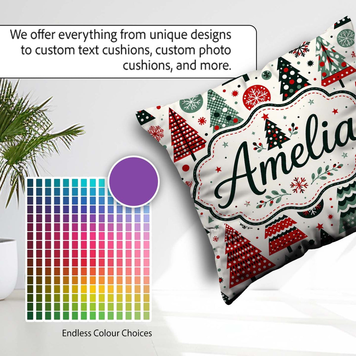 Custom Name Scandi Christmas Trees Polka Dots Snowflakes Holiday Square Filled Cushion Throw Pillow Sofa Bed Home Decor Zip Washable UK Made