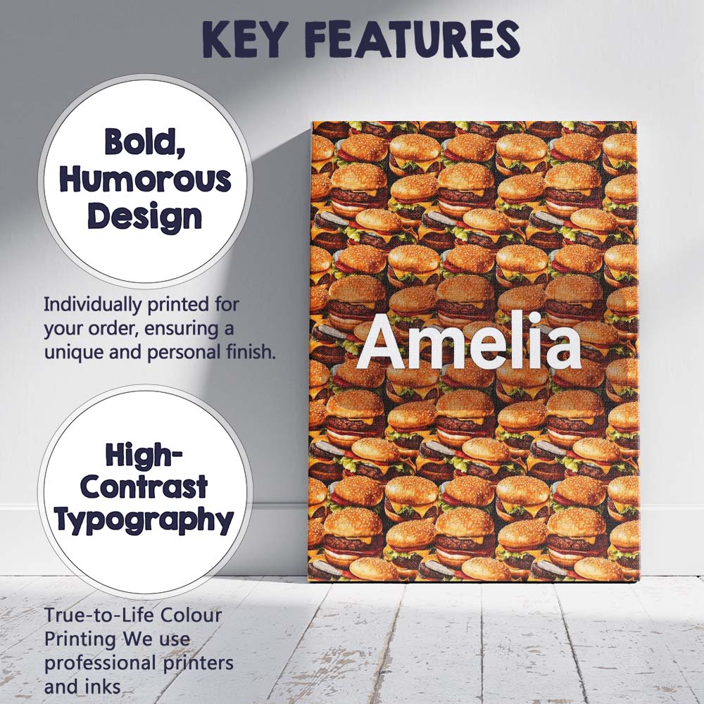 Personalised Name Realistic Burger Stack Seamless Pattern Fast Food Custom Canvas Wall Art Print Decor Picture Ready to Hang
