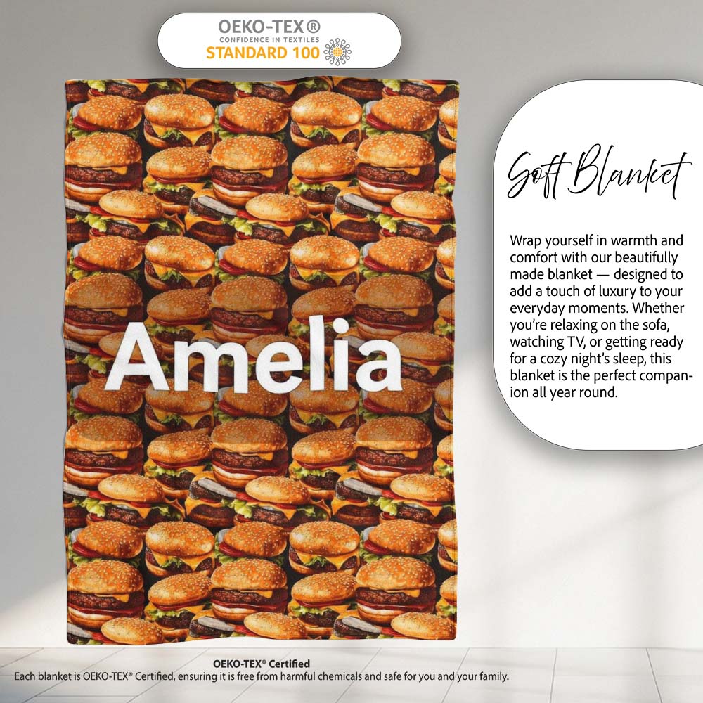 Realistic Burger Stack Seamless Pattern Fast Food Snack Design Personalised Custom Name Super Soft Fleece Blanket Bed Sofa Throw