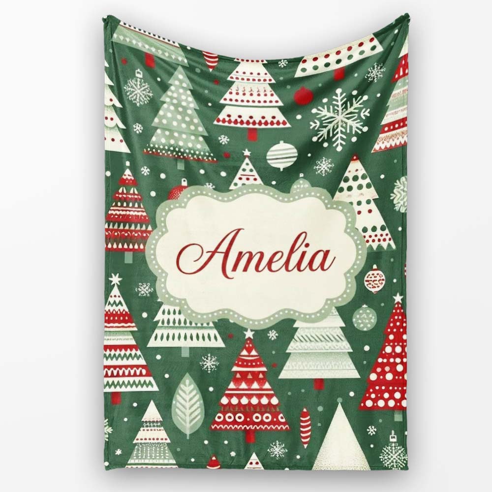 Scandi Christmas Trees Red White Green Snowflakes Nordic Seamless Personalised Custom Name Super Soft Fleece Blanket Bed Sofa Throw