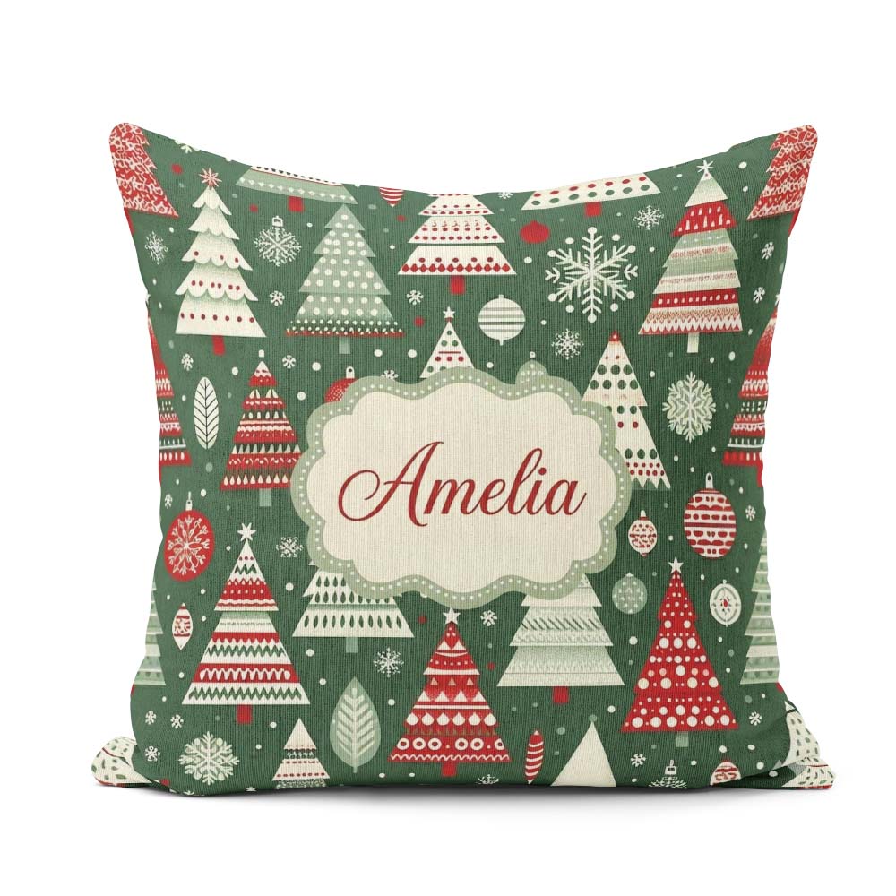 Custom Name Scandi Christmas Trees White Green Snowflakes Nordic Square Filled Cushion Throw Pillow Sofa Bed Home Decor Zip Washable UK Made