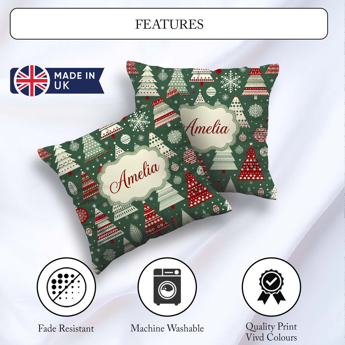 Custom Name Scandi Christmas Trees White Green Snowflakes Nordic Square Filled Cushion Throw Pillow Sofa Bed Home Decor Zip Washable UK Made