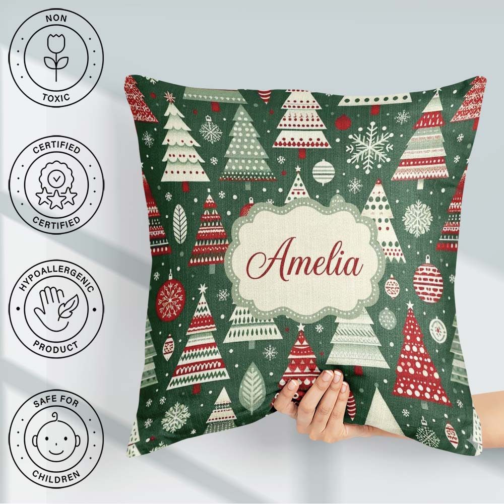 Custom Name Scandi Christmas Trees White Green Snowflakes Nordic Square Filled Cushion Throw Pillow Sofa Bed Home Decor Zip Washable UK Made
