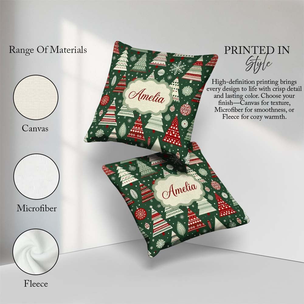 Custom Name Scandi Christmas Trees White Green Snowflakes Nordic Square Filled Cushion Throw Pillow Sofa Bed Home Decor Zip Washable UK Made