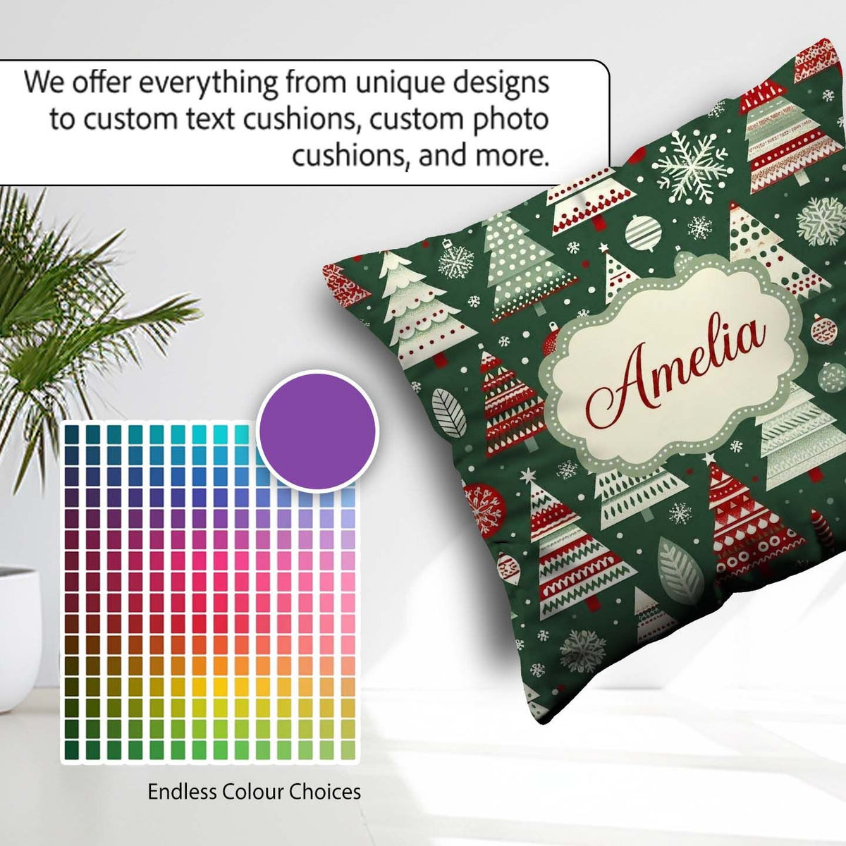 Custom Name Scandi Christmas Trees White Green Snowflakes Nordic Square Filled Cushion Throw Pillow Sofa Bed Home Decor Zip Washable UK Made