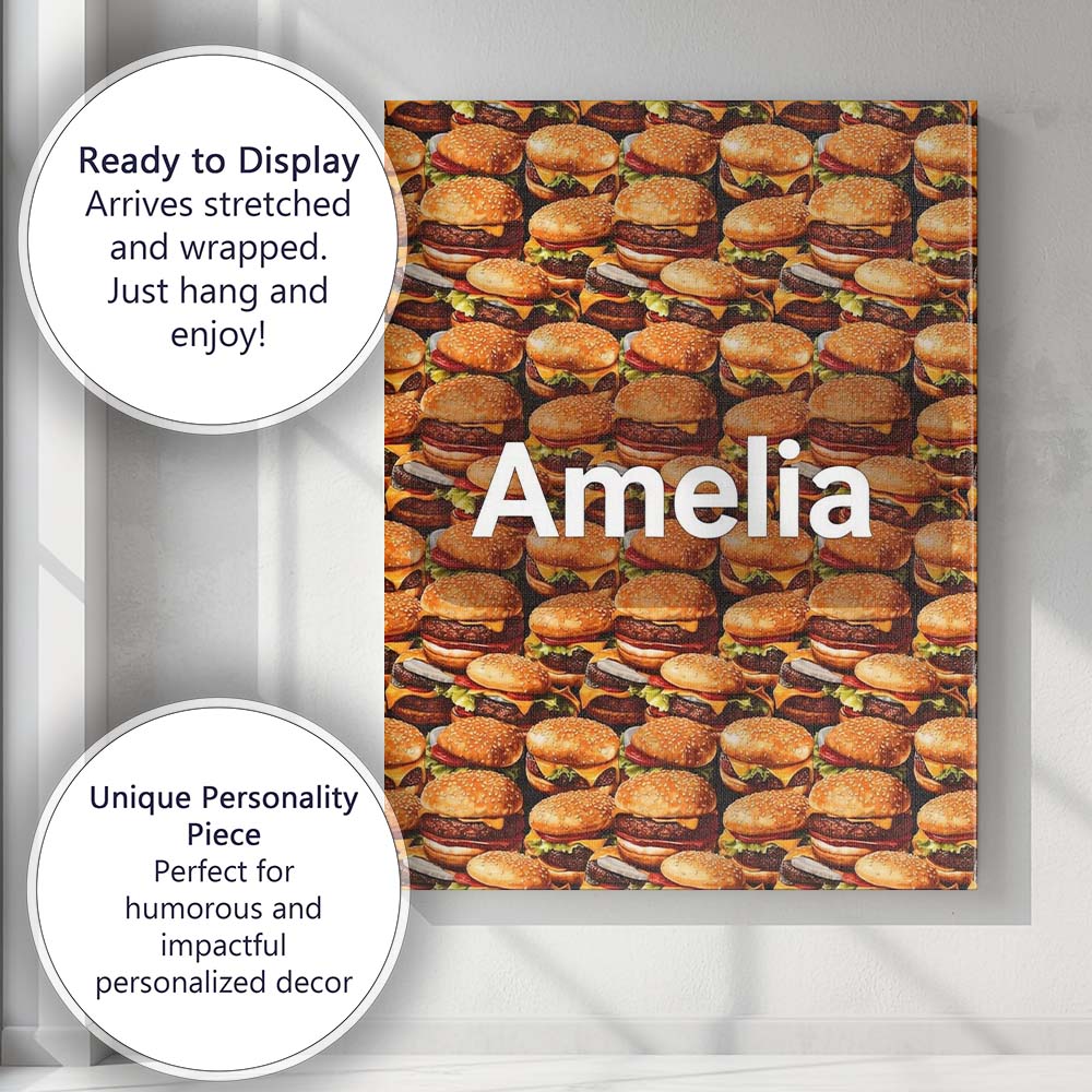 Personalised Name Realistic Burger Stack Seamless Pattern Fast Food Custom Canvas Wall Art Print Decor Picture Ready to Hang