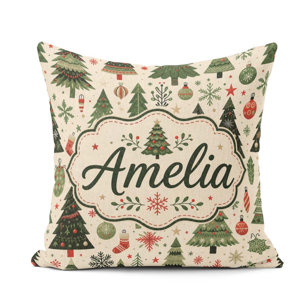 Custom Name Classic Christmas Trees Ornaments Snowflakes Festive Square Filled Cushion Throw Pillow Sofa Bed Home Decor Zip Washable UK Made