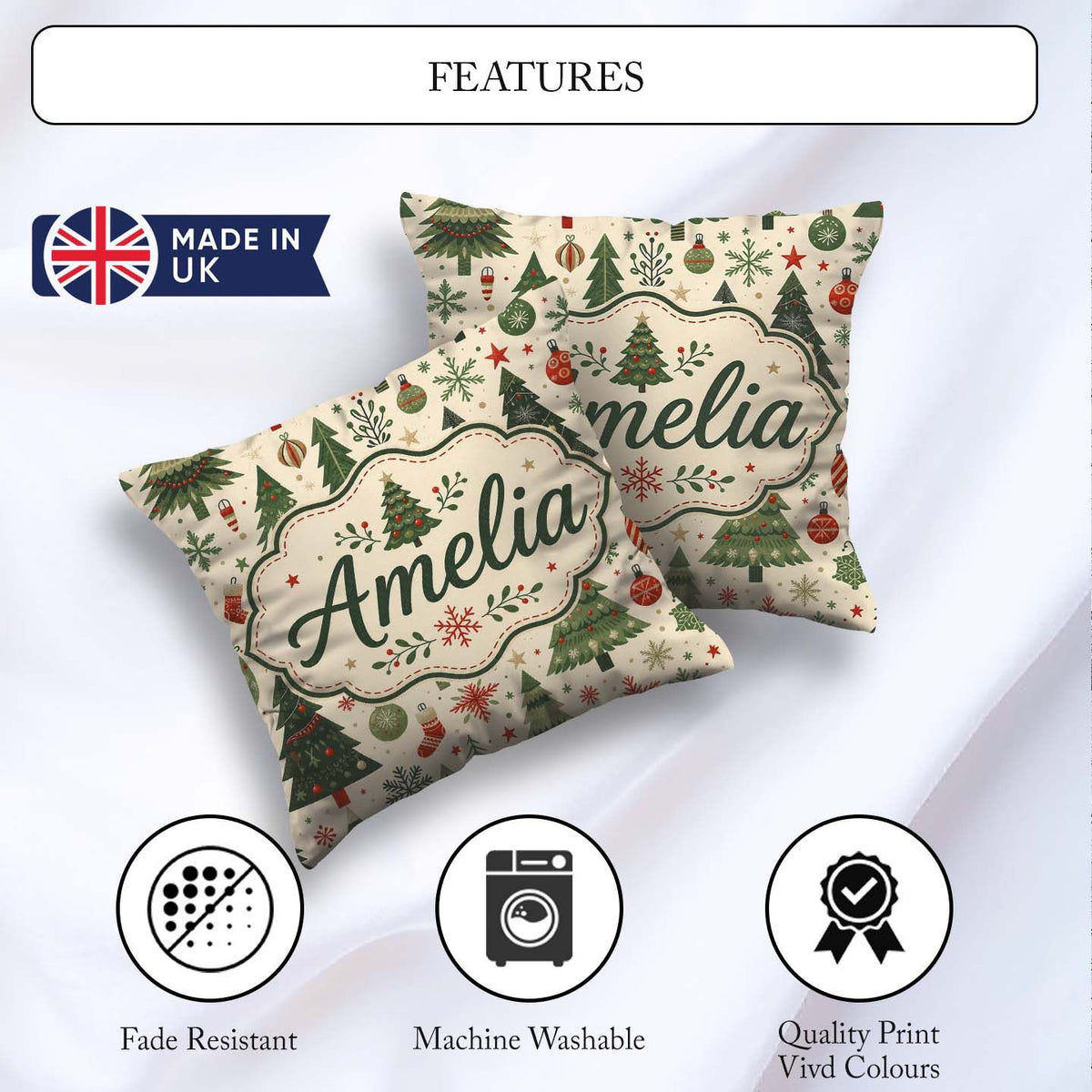 Custom Name Classic Christmas Trees Ornaments Snowflakes Festive Square Filled Cushion Throw Pillow Sofa Bed Home Decor Zip Washable UK Made