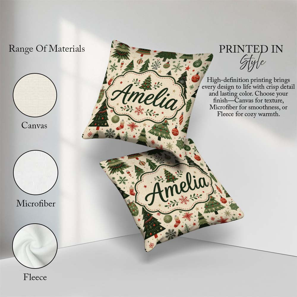 Custom Name Classic Christmas Trees Ornaments Snowflakes Festive Square Filled Cushion Throw Pillow Sofa Bed Home Decor Zip Washable UK Made