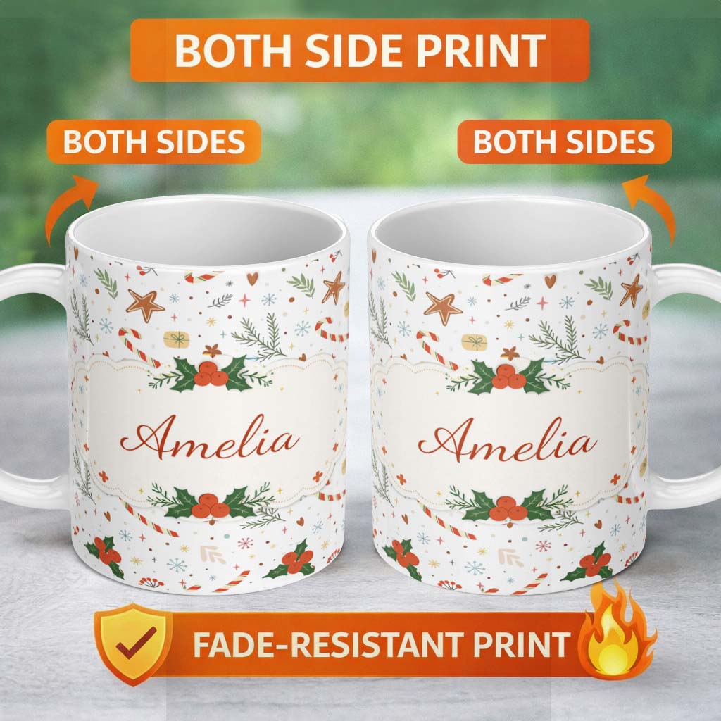 Personalized Custom Name Minimal Christmas Candy Cane Star Pattern Cute Seamless Design 11oz Ceramic Coffee Tea Mug White Large Handle