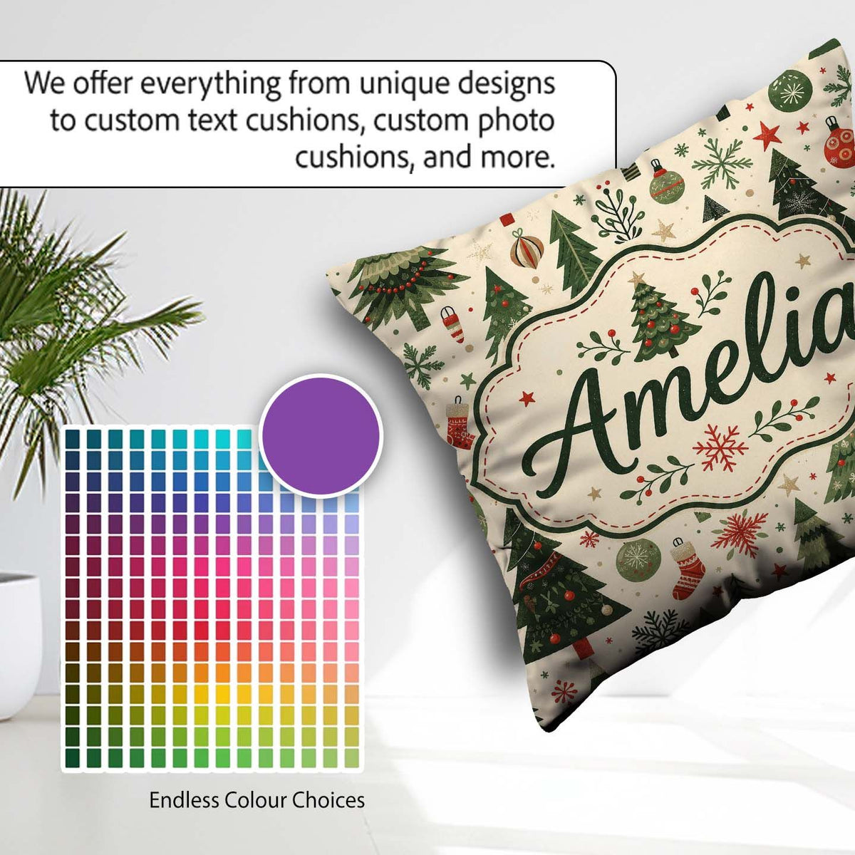 Custom Name Classic Christmas Trees Ornaments Snowflakes Festive Square Filled Cushion Throw Pillow Sofa Bed Home Decor Zip Washable UK Made