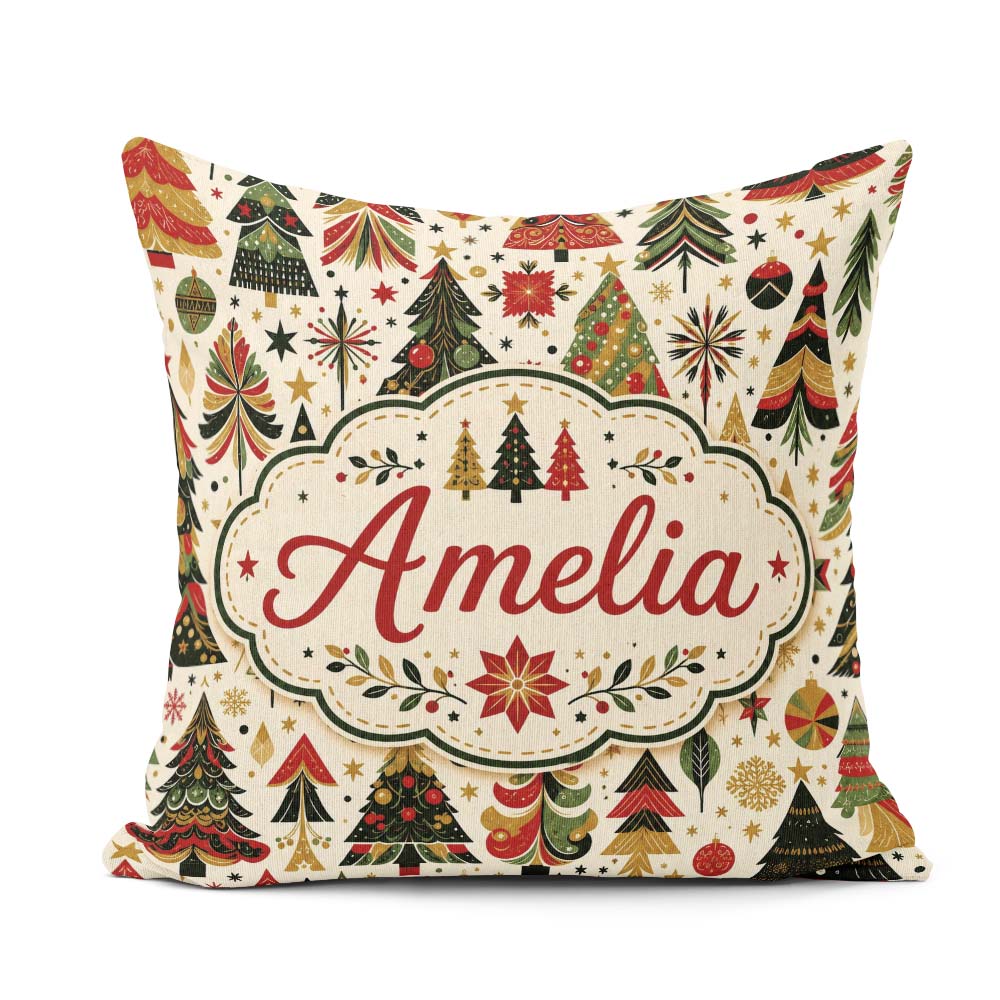 Custom Name Elegant Christmas Trees Red Green Ornaments Seamless Square Filled Cushion Throw Pillow Sofa Bed Home Decor Zip Washable UK Made