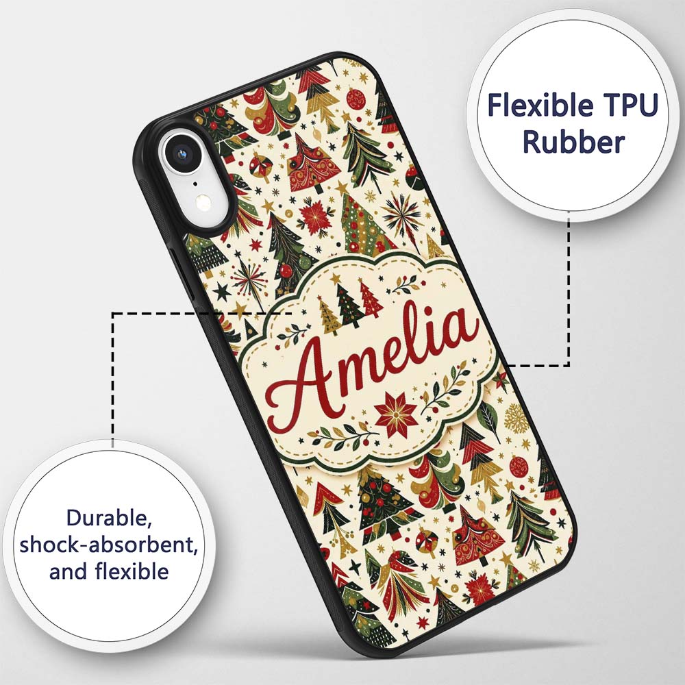 Elegant Christmas Trees Red Green Gold Stars Custom Name Protective Phone Case Mobile Cover Durable Everyday Smartphone Shock Resistant