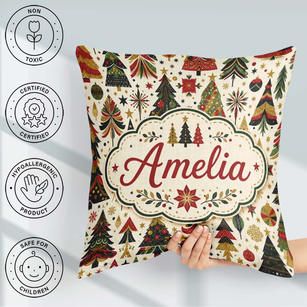 Custom Name Elegant Christmas Trees Red Green Ornaments Seamless Square Filled Cushion Throw Pillow Sofa Bed Home Decor Zip Washable UK Made