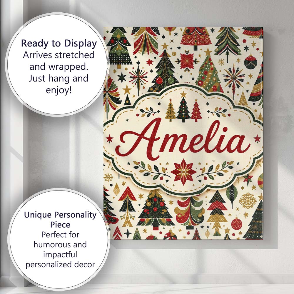 Personalised Name Elegant Christmas Trees Custom Bespoke Decorative Contemporary Canvas Wall Art Print Decor Picture Ready to Hang