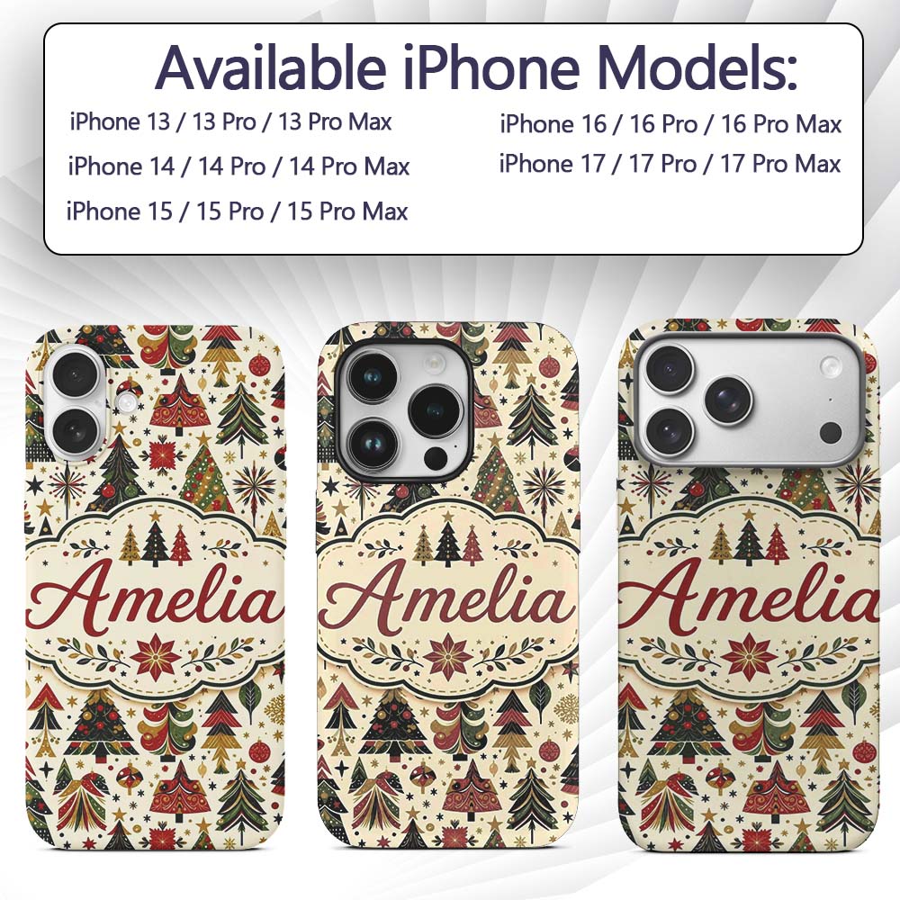Elegant Christmas Trees Red Green Gold Stars Custom Name Protective Phone Case Mobile Cover Durable Everyday Smartphone Shock Resistant