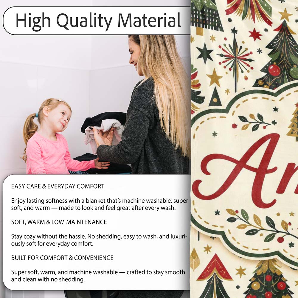 Elegant Christmas Trees Red Green Gold Stars Ornaments Seamless Personalised Custom Name Super Soft Fleece Blanket Bed Sofa Throw