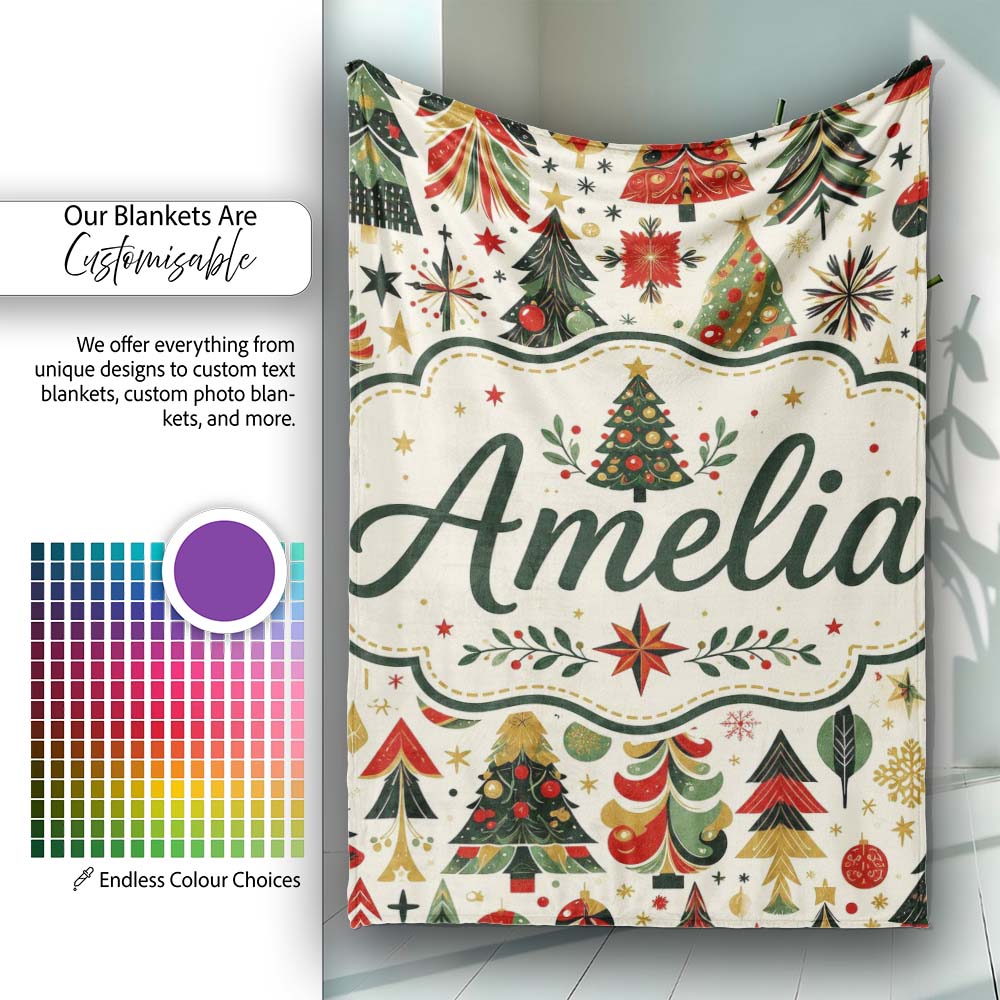 Ornate Christmas Trees Red Green Gold Baubles Festive Seamless Personalised Custom Name Super Soft Fleece Blanket Bed Sofa Throw