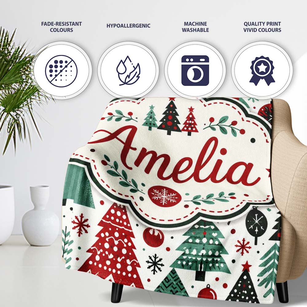 Festive Christmas Trees Red Green Baubles Snowflakes Seamless Lovely Personalised Custom Name Super Soft Fleece Blanket Bed Sofa Throw