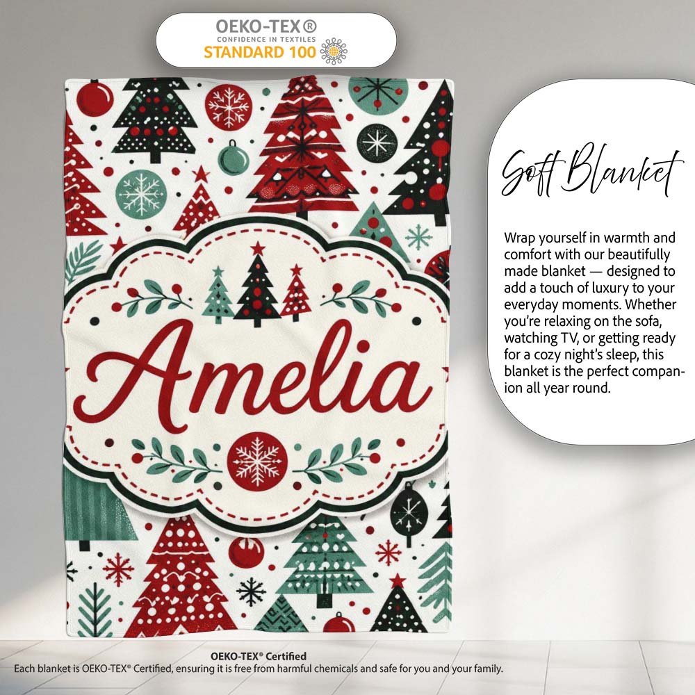 Festive Christmas Trees Red Green Baubles Snowflakes Seamless Lovely Personalised Custom Name Super Soft Fleece Blanket Bed Sofa Throw