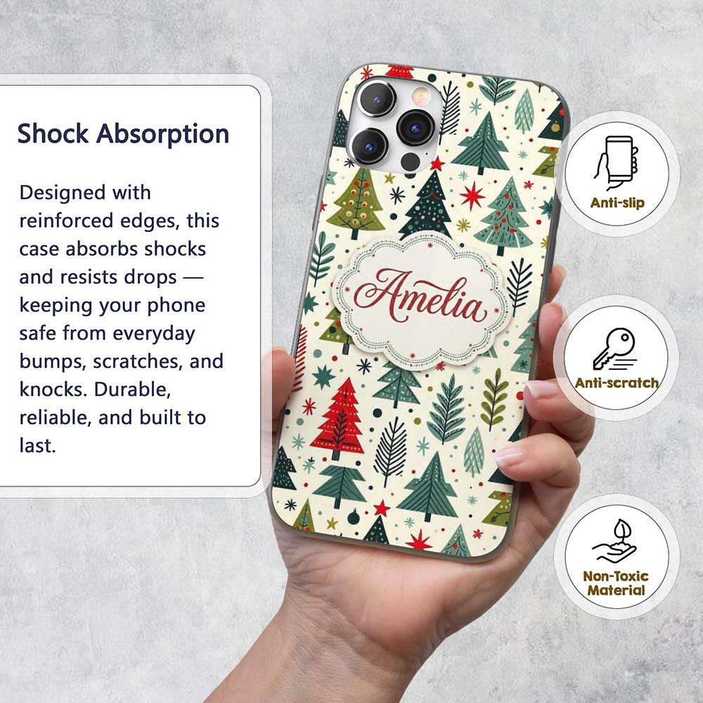 Scandi Christmas Trees Geometric Printed Design Custom Name Protective Phone Case Mobile Cover Durable Everyday Smartphone Shock Resistant