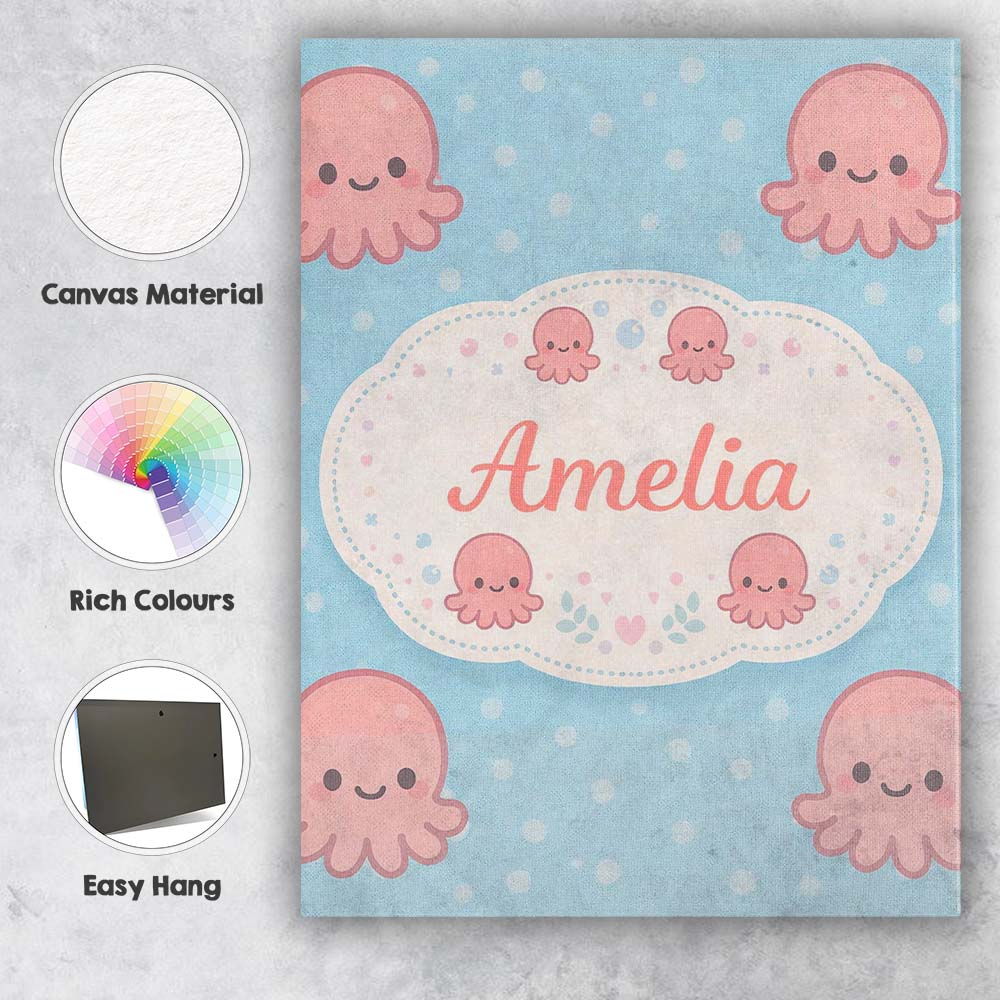 Personalised Name Cute Pink Octopus Cartoon Sea Animal Pattern Custom Modern Room Accent Canvas Wall Art Print Decor Picture Ready to Hang